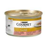 Gourmet Gold konzerva za mačke Piletina, Losos komadići u sosu 85g